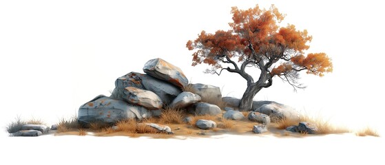 Fototapeta premium Stone Ledge With Tree. Illustration On The Theme Of Nature And Ecology, Climate And Seaso. Generative AI
