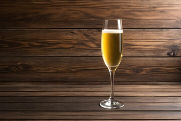 A champagne glass on a simple wooden background, Valentine's Day, Christmas. Generative AI