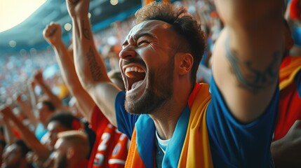 Exuberant Sports Fan Cheering at Stadium, Ecstatic sports enthusiast celebrating a win at a stadium, with fists raised and face painted in team colors, embodying the passion of fandom - obrazy, fototapety, plakaty