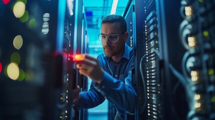 A worker carefully inspects and upgrades the firewalls and encryption systems that safeguard the companys data against cyber attacks.