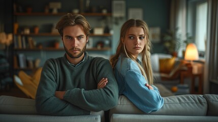 Silent Disagreement, couple sits back-to-back on a couch, their body language suggesting a silent disagreement in their living room - obrazy, fototapety, plakaty