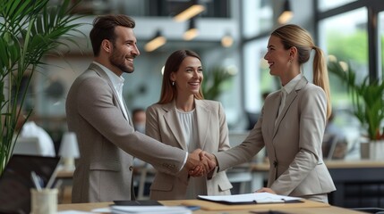 Business Handshake Closing a Deal, Two professionals shake hands in agreement with a colleague witnessing the moment, in the bright and airy setting of a modern office - obrazy, fototapety, plakaty
