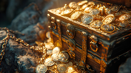 Pirate treasures in a dark cave. Old coins diamonds and gold. generative ai