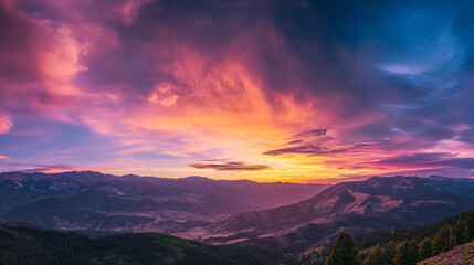 Capture the awe-inspiring moment of a vibrant skyline with a panoramic view of mountains at sunset, sky array of colors, warm oranges and pinks to deep purples and blues,natural