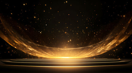 Fototapeta na wymiar Luxurious and futuristic golden empty stage, golden particles background in stage shape