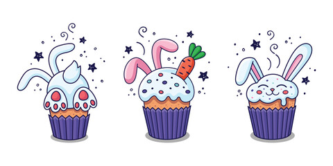 Set of Cute Hand drawn Easter illustrations with Easter cake, rabbits ears, carrot, rabbit, hare in cartoon style. Easter food design elements. Vector illustration. Doodle style.