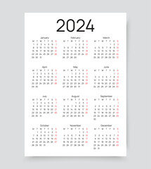 Calendar 2024 year. Pocket wall calender layout. Week starts Monday. Yearly organizer with 12 month in English. Scheduler template in minimal design. Portrait orientation, A4. Vector illustration