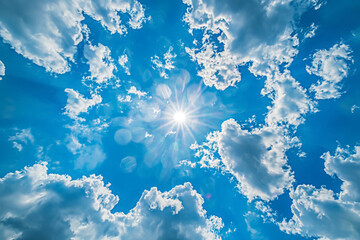 "Azure Radiance" Capture the brilliance of a bright sun illuminating the sky,  crisp white clouds, encompassing the expansive sky