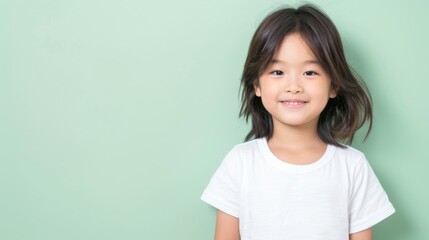 Portrait of a smiling young girl with a mint green background, expressing happiness and innocence. Suitable for education, parenting, and health themes.