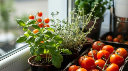 Fototapeta na wymiar Vibrant indoor tomato plants in pots by a sunny window, with ripe red tomatoes ready to harvest, urban gardening