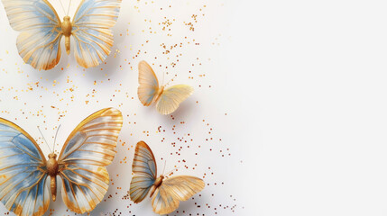 A cluster of blue and orange patterned butterflies on a white background, symbolizing transformation and grace.