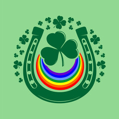 Shamrock clover, Horseshoe and magic rainbow. St. Patrick's Day label, badge or emblem. Vector illustration