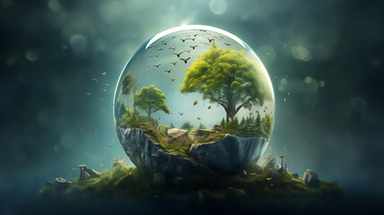 surreal landscape, serene trees and verdant landscape within a crystal sphere, ideal for backgrounds in eco-themed projects and green technology