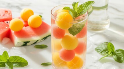 Fototapeta premium Refreshing melon ball drink in a glass with watermelon and cantaloupe, mint leaves, and ice, suitable for summer, healthy lifestyle, or beverage concepts.