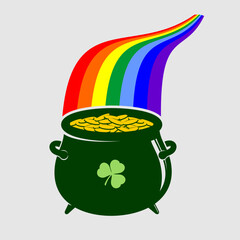 Pot of gold at magic rainbow background. Symbol of St. Patrick's Day, Irish holiday