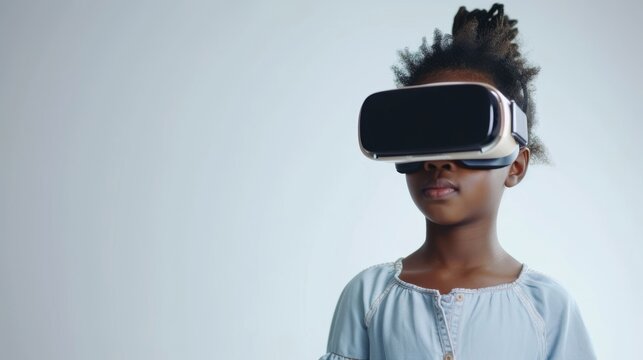 Young child with afro hair in white outfit experiences virtual reality with a VR headset, concept of educational content on VR