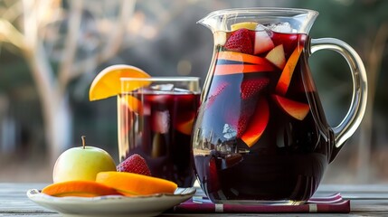 Sangria pitcher surrounded by fruits in a garden setting, suitable for social gatherings and recipes.