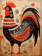 Folk art painting of a colorful rooster on a rustic background, great for cultural and artistic themes.