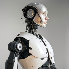 Close-up portrait of a futuristic humanoid robot with detailed cyborg features, technology concept.