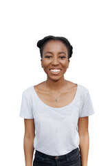 Happy, portrait and black woman with casual fashion or style on a transparent PNG background....