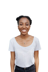 Happy, portrait and black woman with casual fashion or style on a transparent PNG background. Isolated young African, female person or face of student with smile and positive attitude in happiness