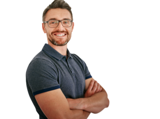 Smile in portrait, arms crossed and mature man in glasses for vision, confident and professional on png transparent background. Entrepreneur, pride and boss in Canada with eyewear and casual outfit