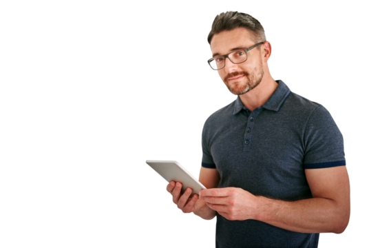 Portrait, tablet and design with man in glasses isolated on transparent background for creative business. Technology, app or social media with confident designer on PNG to search for information