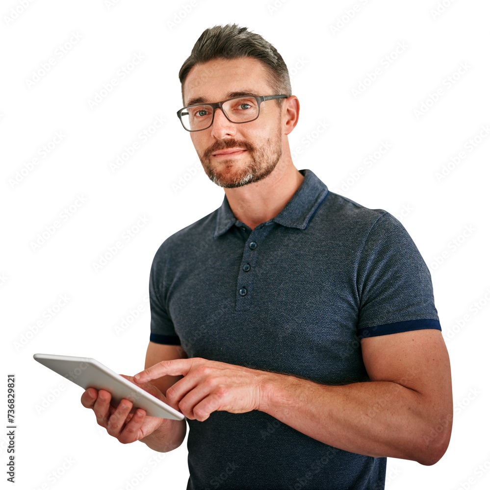 Sticker Portrait, tablet and designer man in glasses isolated on transparent background for creative business. Technology, design or social media with confident person on PNG to search for information