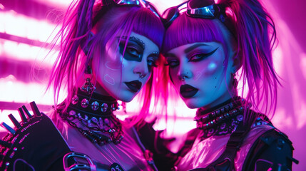 Obraz premium Looking like they stepped out of a scifi movie this cybergoth duo rocks matching metallic bodysuits and neon purple hair. Metallic face paint and bold black accessories complete