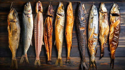 Obraz premium Five Different Types of Fish Hanging on a Wooden Wall