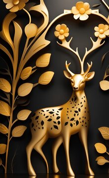 Elegant Luxury Golden and Black Deer Animal with Seamless Floral and Flowers with Leaves background. 3d Abstraction Modern interior mural painting illustration of a deer with flower, Generative AI