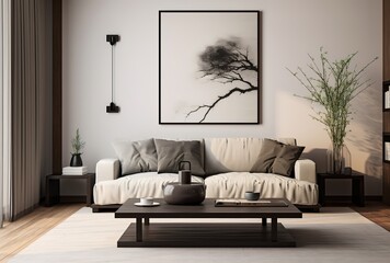 white sofa, black table with a plant next to the sofa, the room has a minimalist concept but gives a luxurious impression