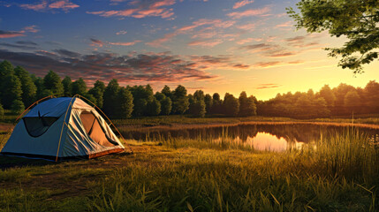 Tourist Tent in Lush Green Field. Hiking and outdoor recreation.