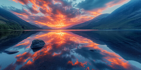 Capture the breathtaking beauty of reflections on water with a scene of majestic mountains mirrored, tranquil lake or river at sunset