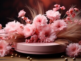 Pink table podium on pink background with side pink flowers