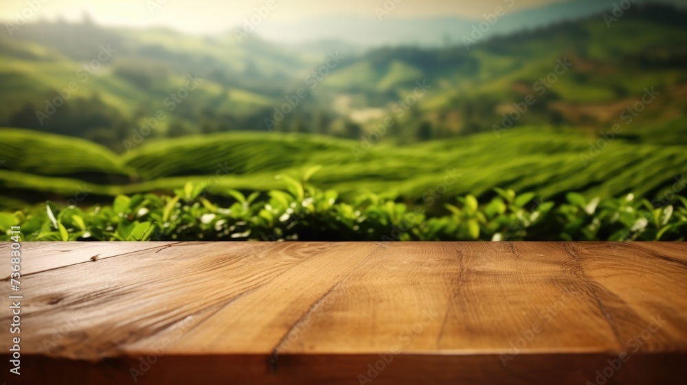 Poster the empty wooden table top with blur background of tea plantation. exuberant image. generative ai