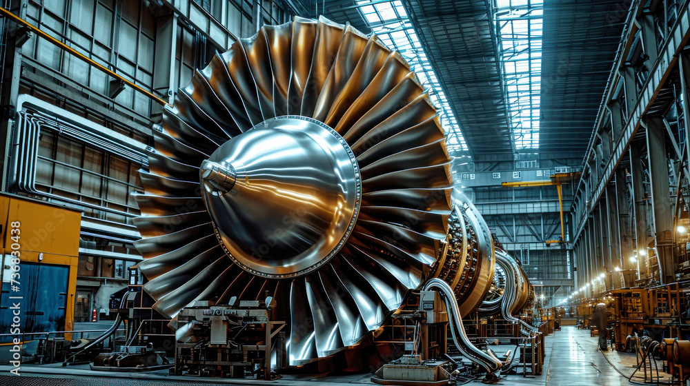 Poster row of jet engines in factory workshop