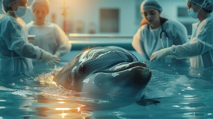 Doctor removing fat from a obese overweight dolphin in a hospital, operation. Generative AI.