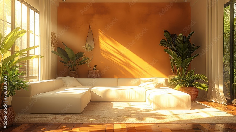 Wall mural interior design, a warm modern living room inspired by the warm tones of the earth and sun. generati