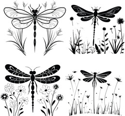 dragonfly silhouette, logo, set vector illustration
