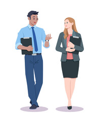 Flat style office workers talking and walking cartoon illustration