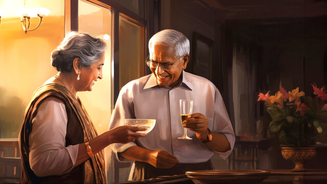 A Painting of an Elderly Couple Enjoying Wine Glasses