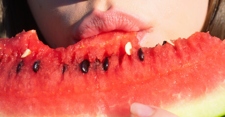 Woman lips with slice on watermelon. Juicy fruity lip, Summer watermelon. Woman sensual biting...