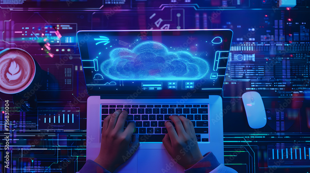Aufkleber a photo of a person using a laptop computer to access cloud-based services, with a sense of convenie