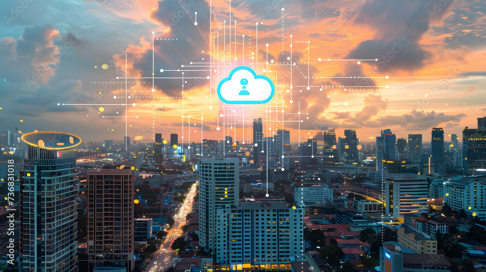 Aufkleber a photo of a cityscape with a cloud computing symbol, representing the increasing use of cloud compu
