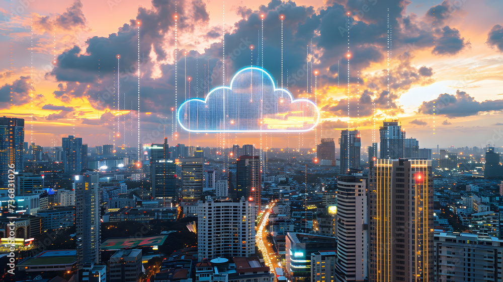 Aufkleber a photo of a cityscape with a cloud computing symbol, representing the increasing use of cloud compu