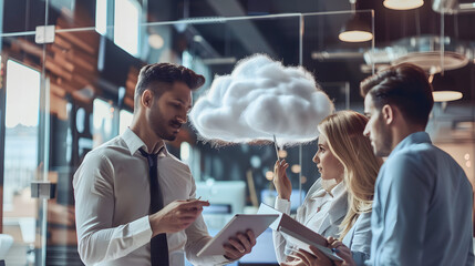 A photo of a business team using cloud computing to collaborate on a project, with a sense of teamwork and productivity. - obrazy, fototapety, plakaty
