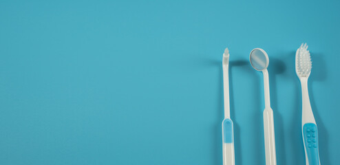 Dental concept healthy equipment tools dental care Professional banner on blue background