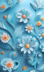 3d mural wallpaper with simple floral painting light blue background, Generative AI