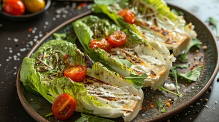 The perfectly charred and caramelized romaine lettuce nestled on a bed of creamy Caesar dressing sprinkled with fragrant herbs and garnished with juicy cherry tomatoes.